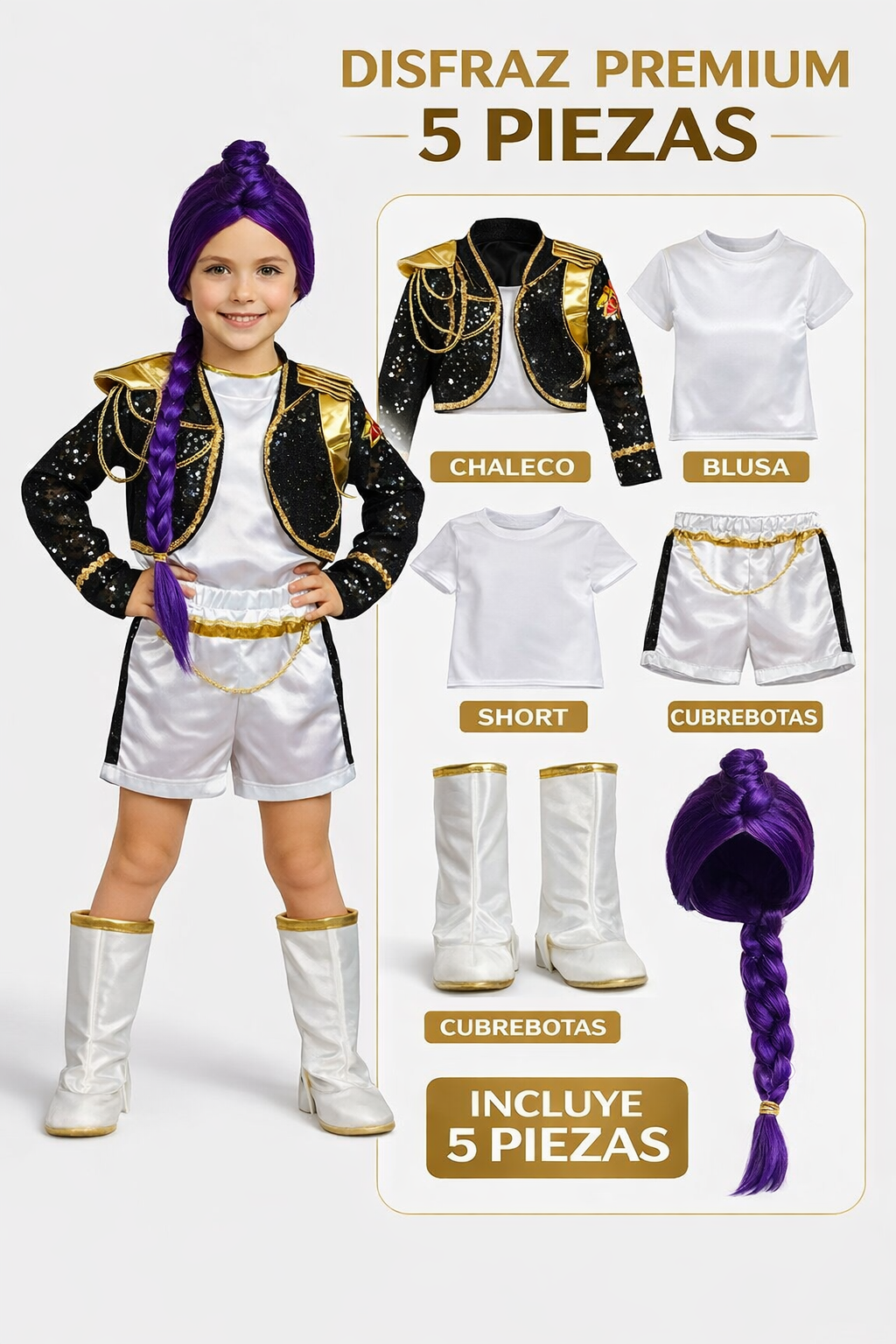 Disfraz RUMI Idol Pop Niña Premium 5 Piezas Con Peluca Outfit Estrella Escenario Chaleco Dorado Short y Cubrebotas