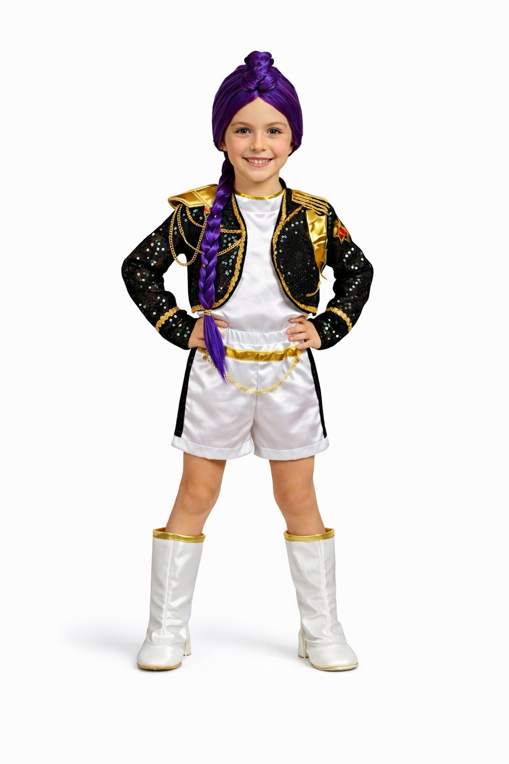 Disfraz RUMI Idol Pop Niña Premium 5 Piezas Con Peluca Outfit Estrella Escenario Chaleco Dorado Short y Cubrebotas