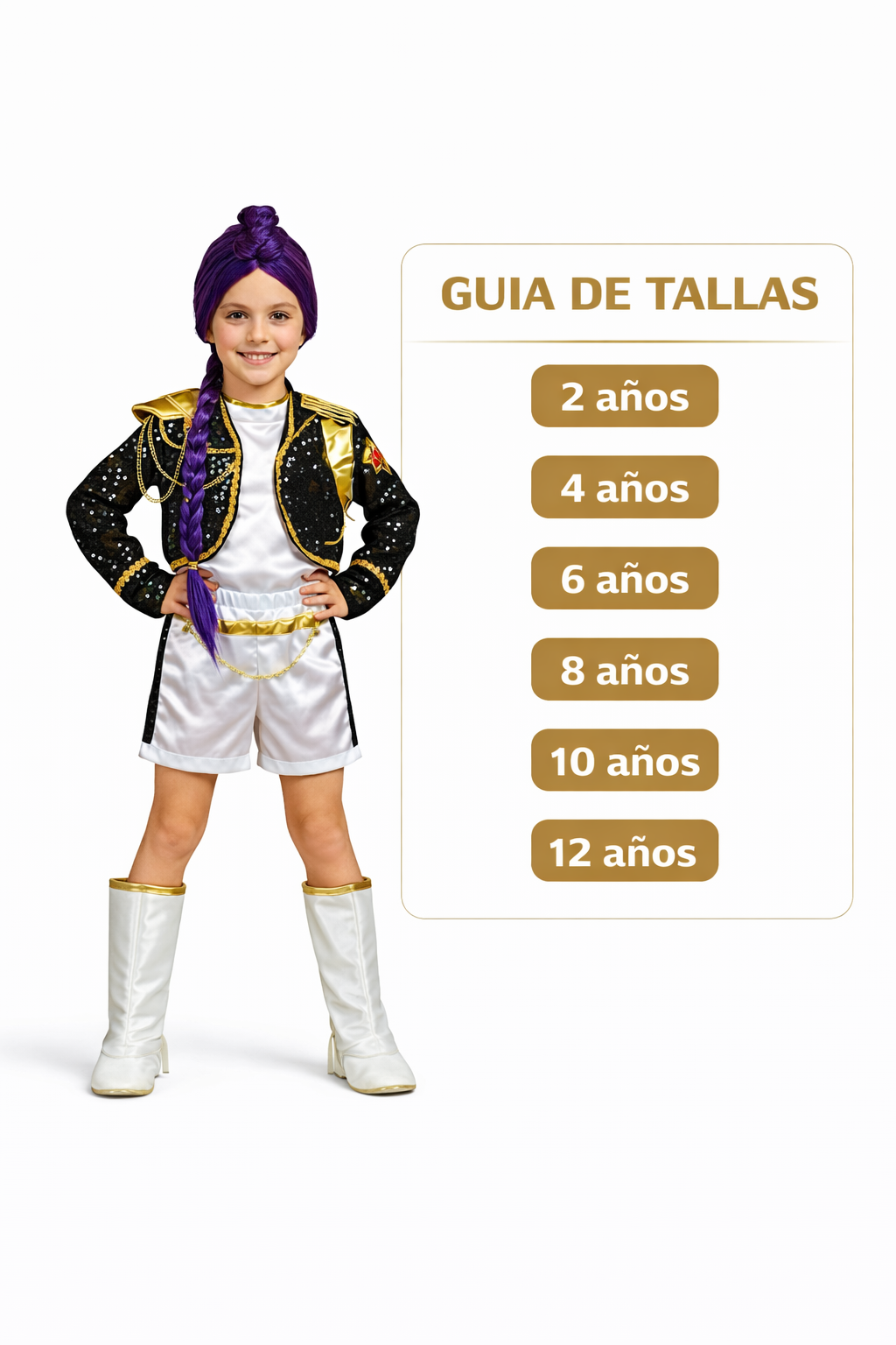Disfraz RUMI Idol Pop Niña Premium 5 Piezas Con Peluca Outfit Estrella Escenario Chaleco Dorado Short y Cubrebotas