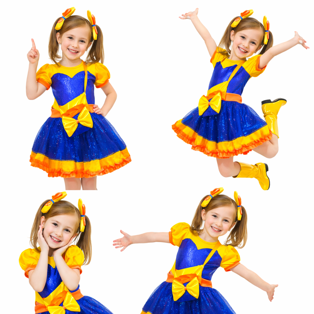 ✨ Disfraz Niña Estilo Bely Premium Lentejuela Brillante 💙💛 Vestido Show Infantil + Moño 🎀 + Bolsa 👜 | Outfit Fiesta Cumpleaños Espectáculo