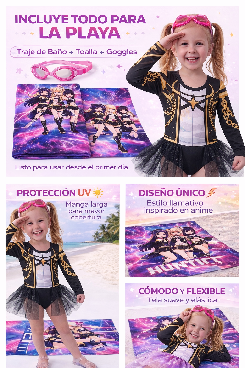 Kit Traje de Baño Niña con Toalla y Goggles *VERSION PREMIUM* – Diseño Elegante Tipo Mira Rumi Zoey Manga Larga con Falda Tutu Protección UV