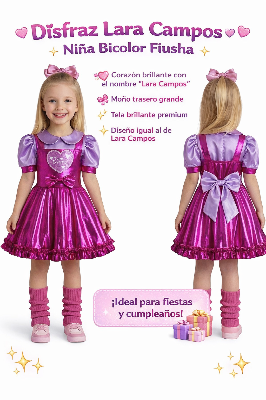 Disfraz Lara Campos Niña Bicolor Fiusha 💖 Vestido Brillante con Moño – Fiesta, Cumpleaños y Personaje Infantil