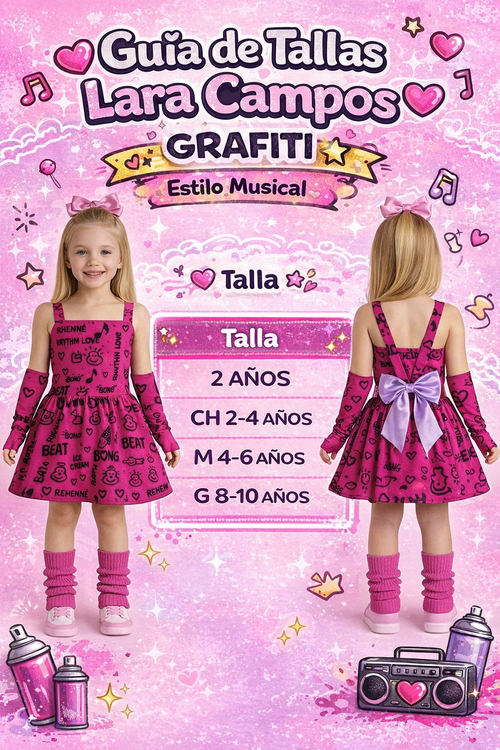 Disfraz Lara Campos Niña Estilo Musical 🎤 Vestido Grafiti Fiusha con Mangas – Outfit Fiesta, Show y Cumpleaños