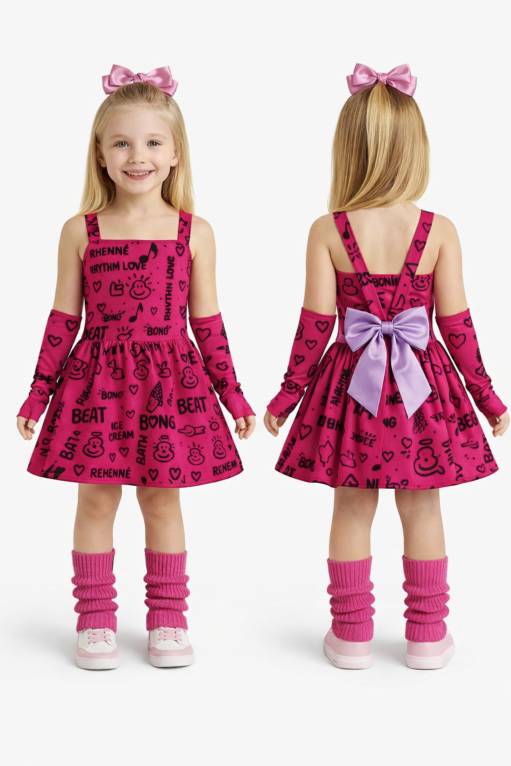 Disfraz Lara Campos Niña Estilo Musical 🎤 Vestido Grafiti Fiusha con Mangas – Outfit Fiesta, Show y Cumpleaños