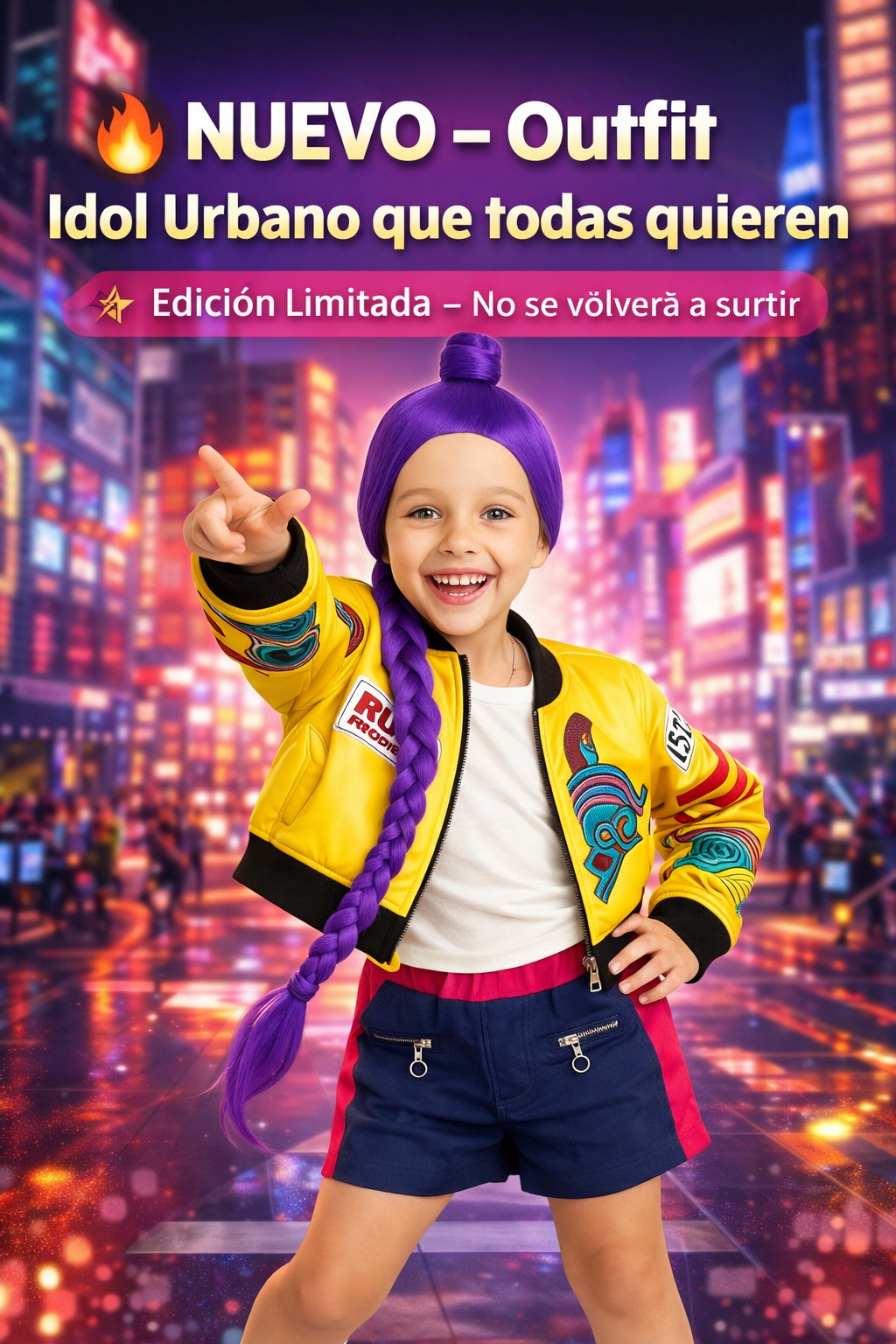 Disfraz Niña Estilo RUMI  Idol Urbano Amarillo – Set 3 Piezas Chamarra + Short + Blusa | Outfit Fashion Moderno Infantil