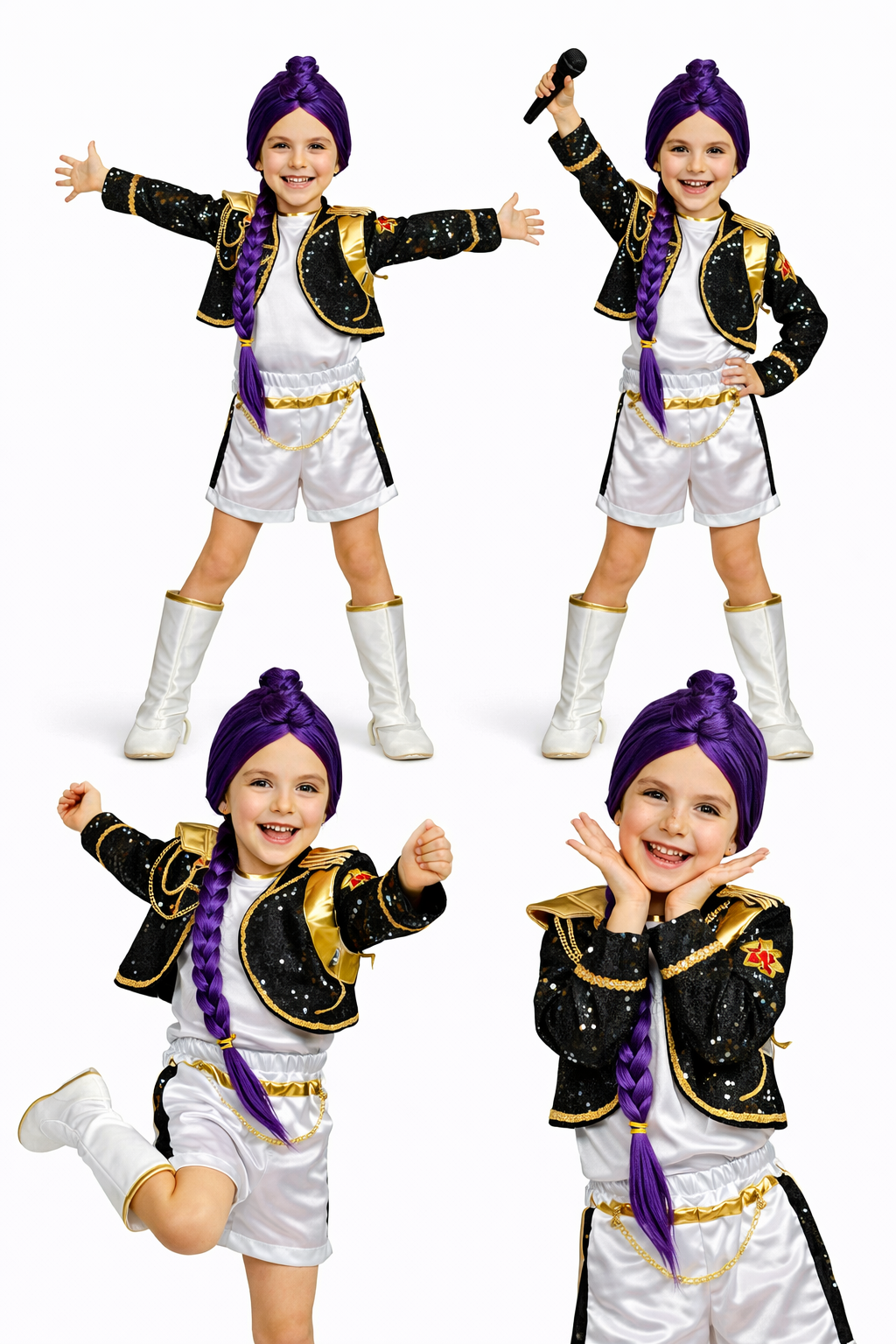 Disfraz RUMI Idol Pop Niña Premium 5 Piezas Con Peluca Outfit Estrella Escenario Chaleco Dorado Short y Cubrebotas