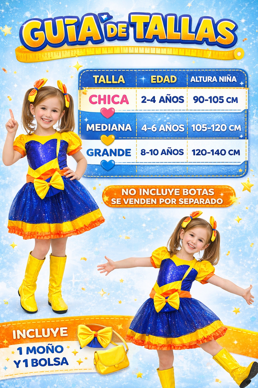 ✨ Disfraz Niña Estilo Bely Premium Lentejuela Brillante 💙💛 Vestido Show Infantil + Moño 🎀 + Bolsa 👜 | Outfit Fiesta Cumpleaños Espectáculo