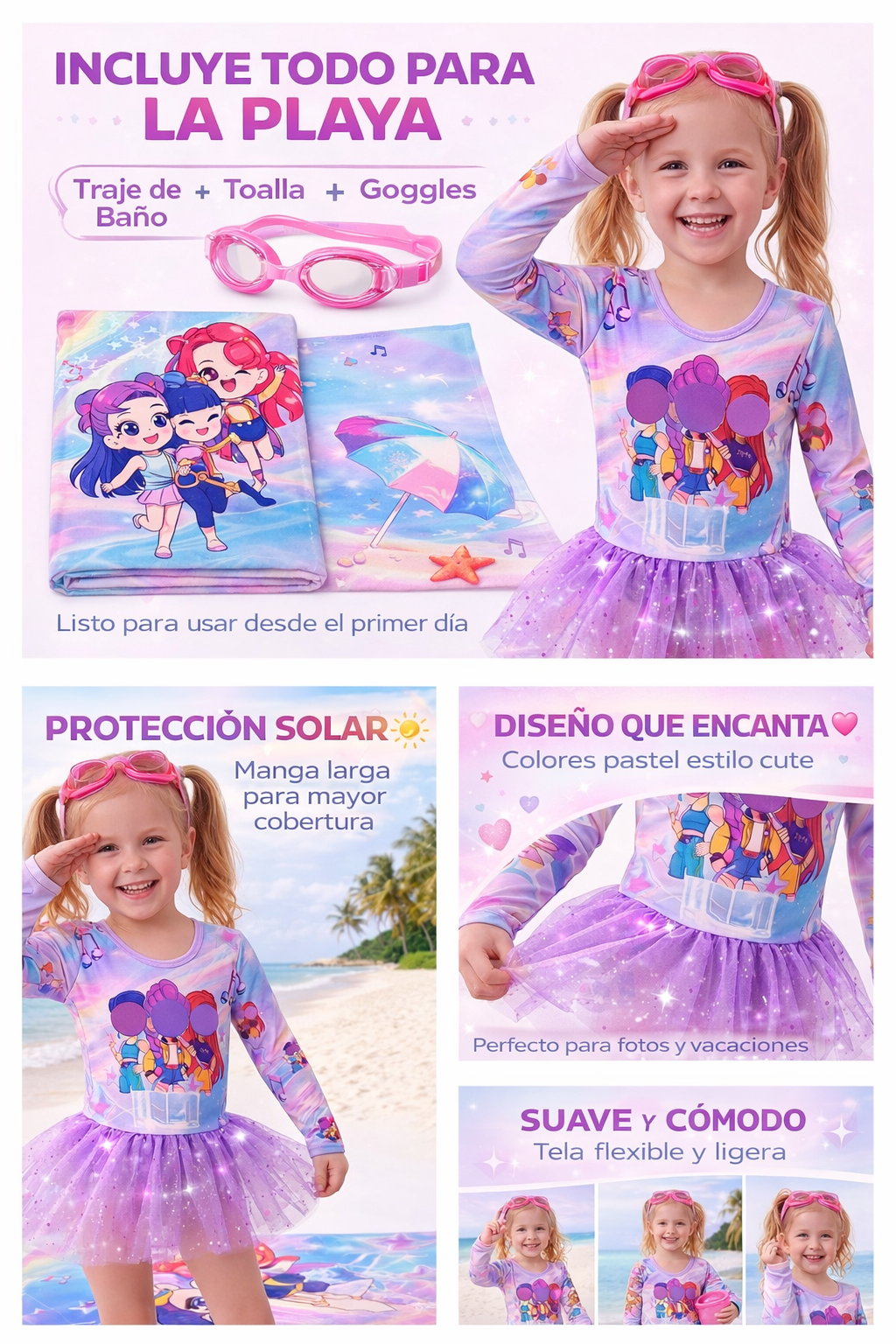 Traje de Baño Niña Tipo Zoey Rumi Mira con Toalla y Goggles – Kit Completo Playa Manga Larga con Falda Tutu Diseño Pastel