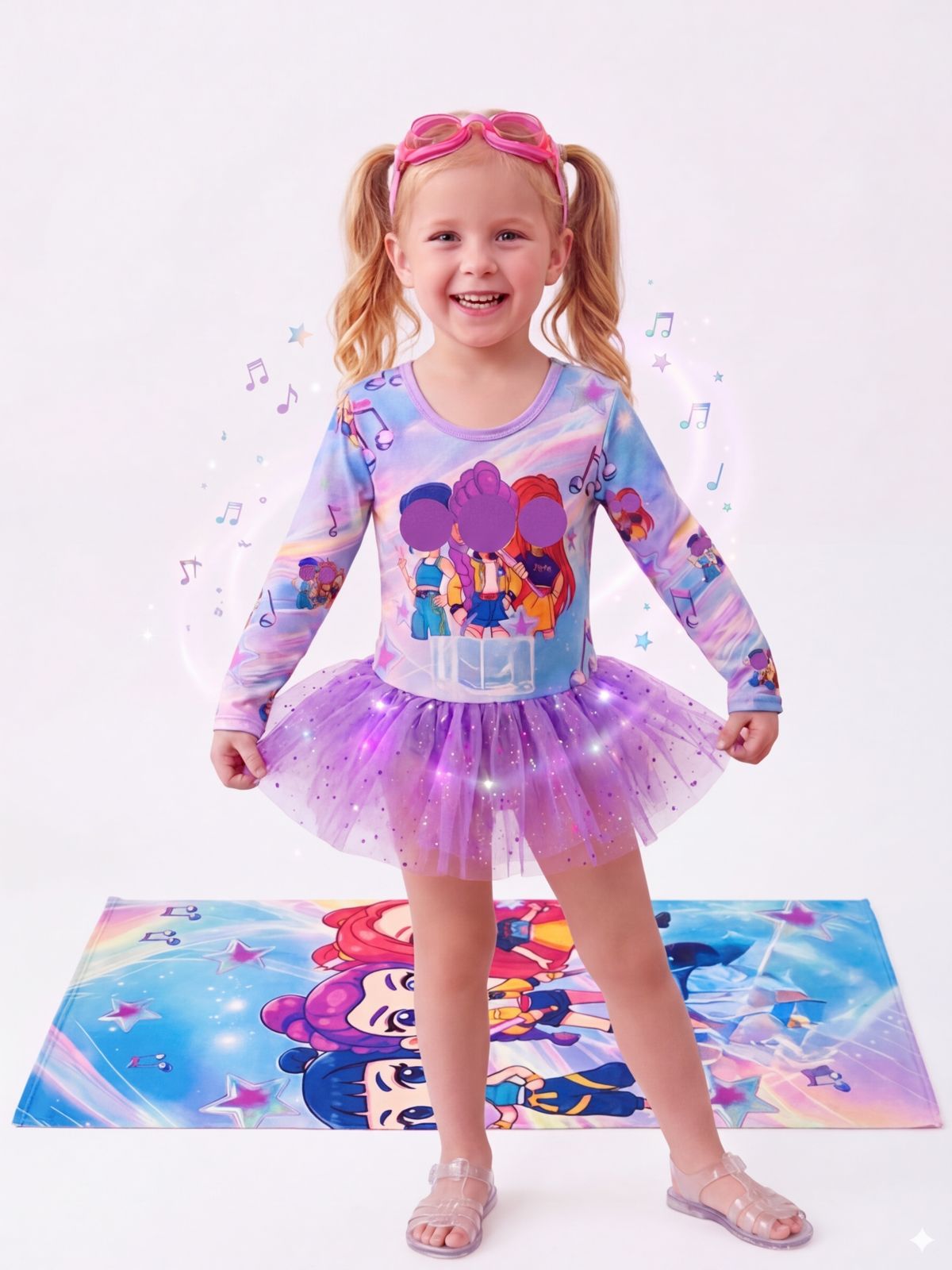 Traje de Baño Niña Tipo Zoey Rumi Mira con Toalla y Goggles – Kit Completo Playa Manga Larga con Falda Tutu Diseño Pastel