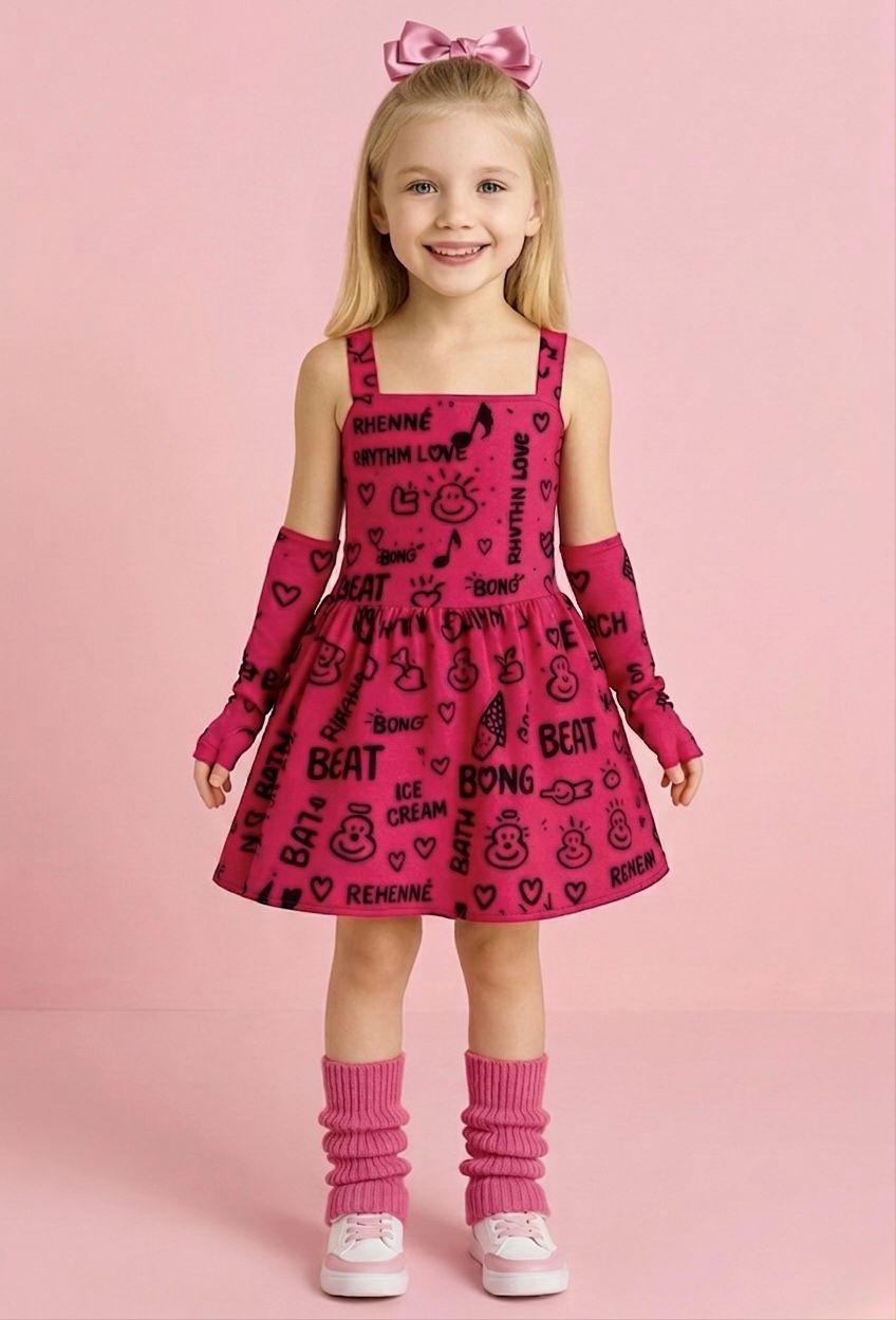 Disfraz Lara Campos Niña Estilo Musical 🎤 Vestido Grafiti Fiusha con Mangas – Outfit Fiesta, Show y Cumpleaños