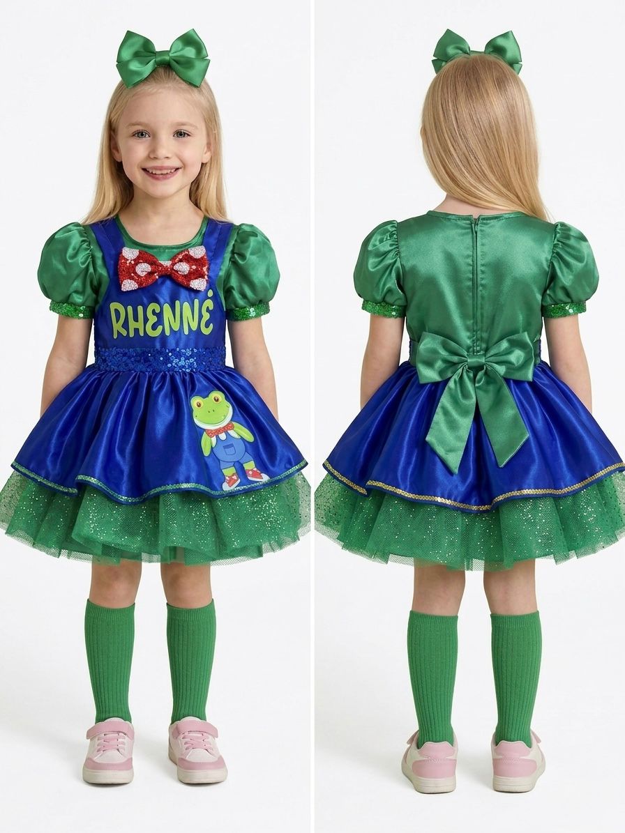 Vestido Disfraz de Rana para Niña Rhenne | Vestido Infantil con Tutú, Moño y Diseño Divertido | Ideal para Cumpleaños, Fiestas y Sesiones de Fotos