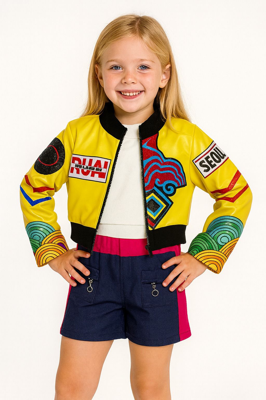 Disfraz Niña Estilo RUMI  Idol Urbano Amarillo – Set 3 Piezas Chamarra + Short + Blusa | Outfit Fashion Moderno Infantil