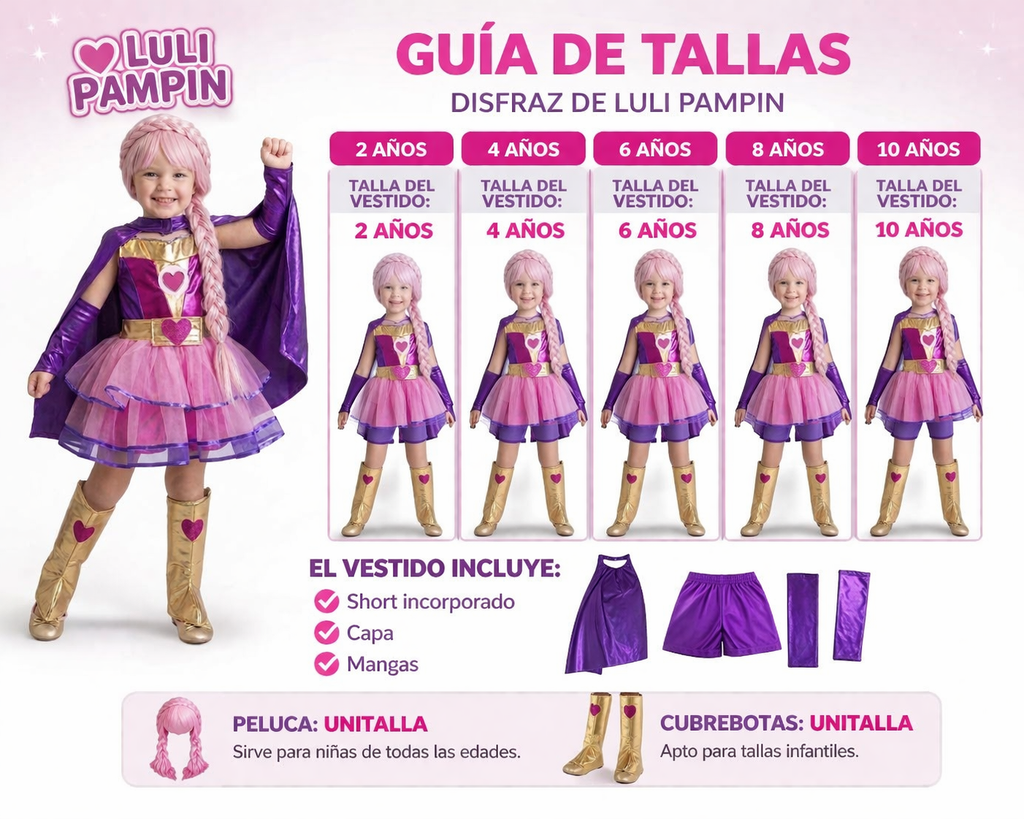 Disfraz Luli Pampin Niña Original 💖 Vestido + Capa + Mangas + Peluca | Traje Infantil 2 a 10 Años