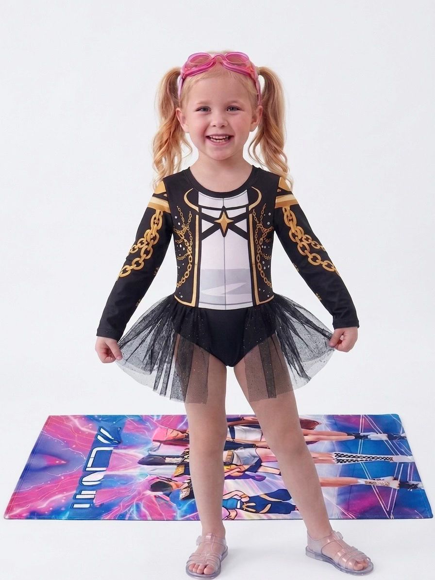 Kit Traje de Baño Niña con Toalla y Goggles *VERSION PREMIUM* – Diseño Elegante Tipo Mira Rumi Zoey Manga Larga con Falda Tutu Protección UV